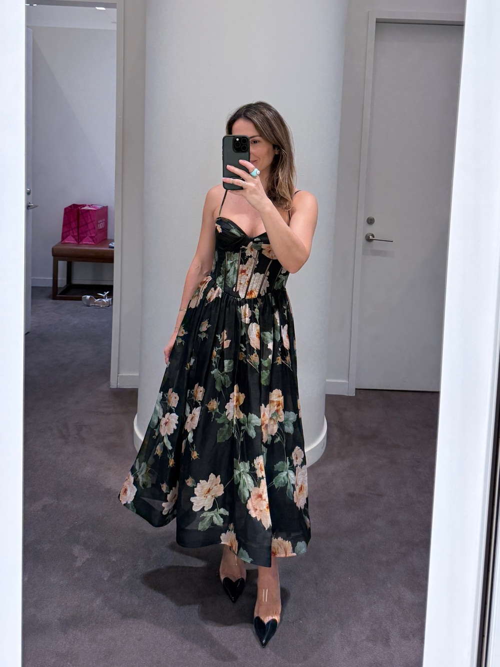 Zimmermann Black Midi Dress with Peach and Cream Florals- NWT